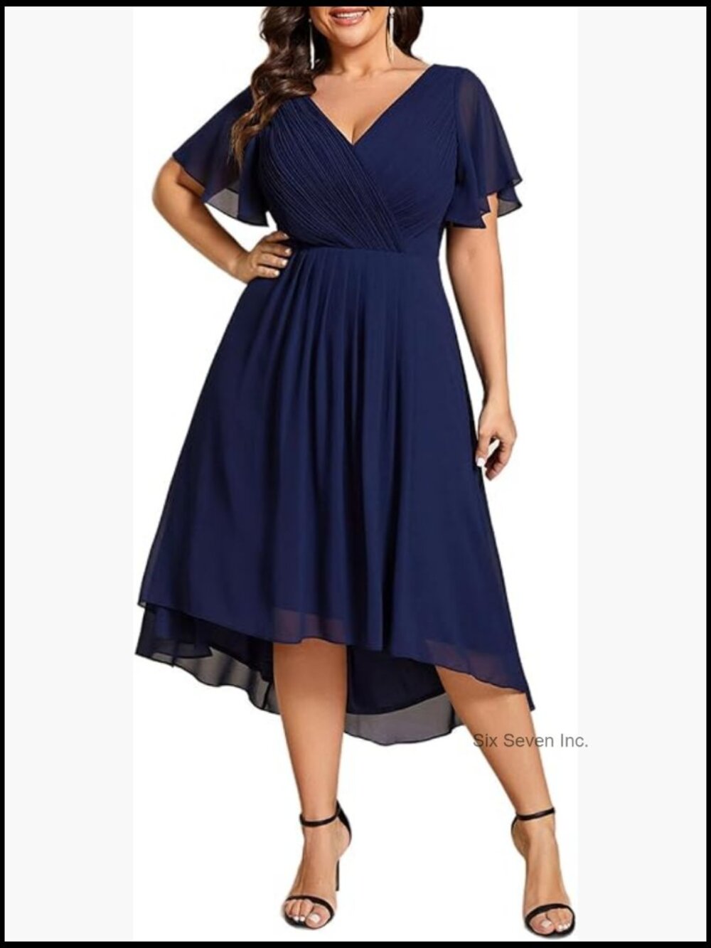 Plus Size V-Neck Short Sleeve Chiffon High-Low Midi Formal Wedding Guest Dress